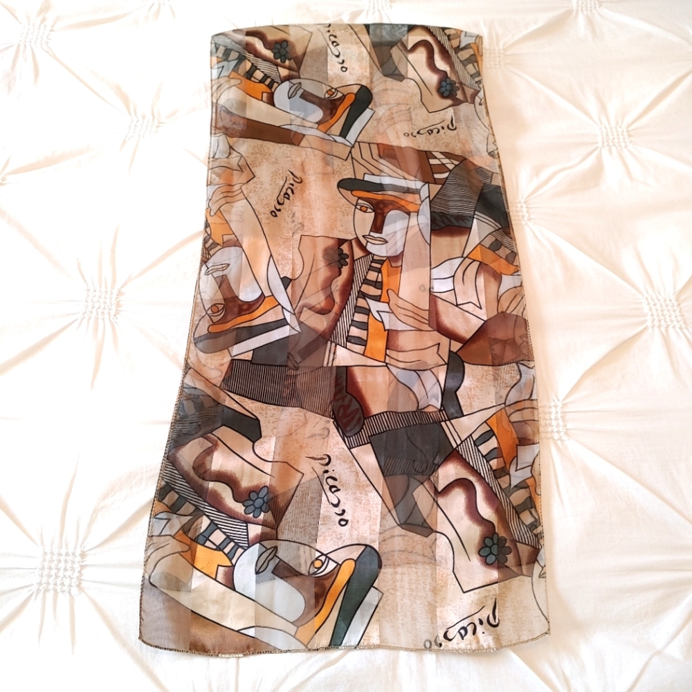 Picasso vintage sheer neutral art printed long rectangle scarf.